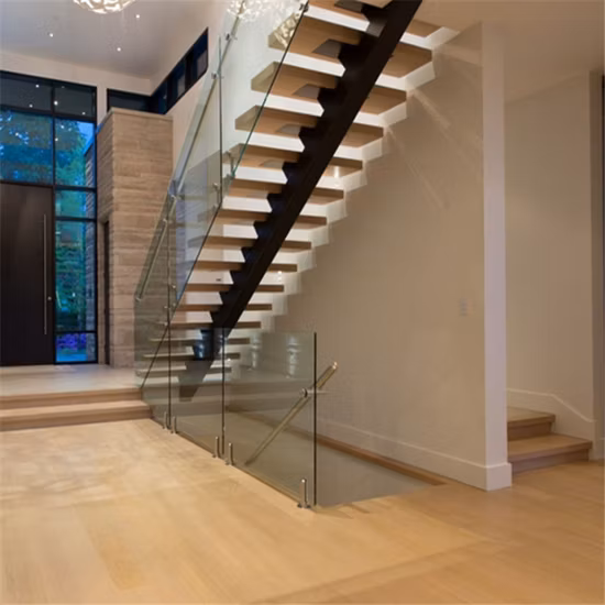 Modern Straight Steel Wood Staircase Glass Balustrade Stairs Solid Wood Treads